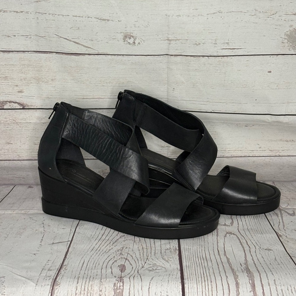 ECCO Damara Black Leather Wedge Sandals Back Zip Gladiator Womens 10 NWOB